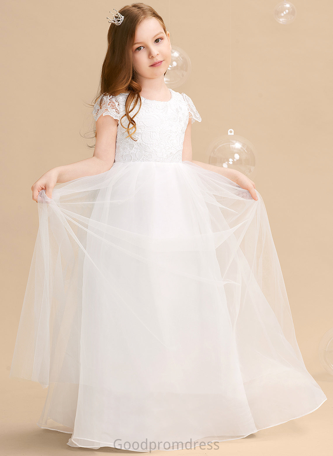 Flower Girl Dresses Scoop Ball-Gown/Princess Tulle/Lace Short Lindsey Bow(s) Sleeves Flower Girl With Neck - Dress Floor-length