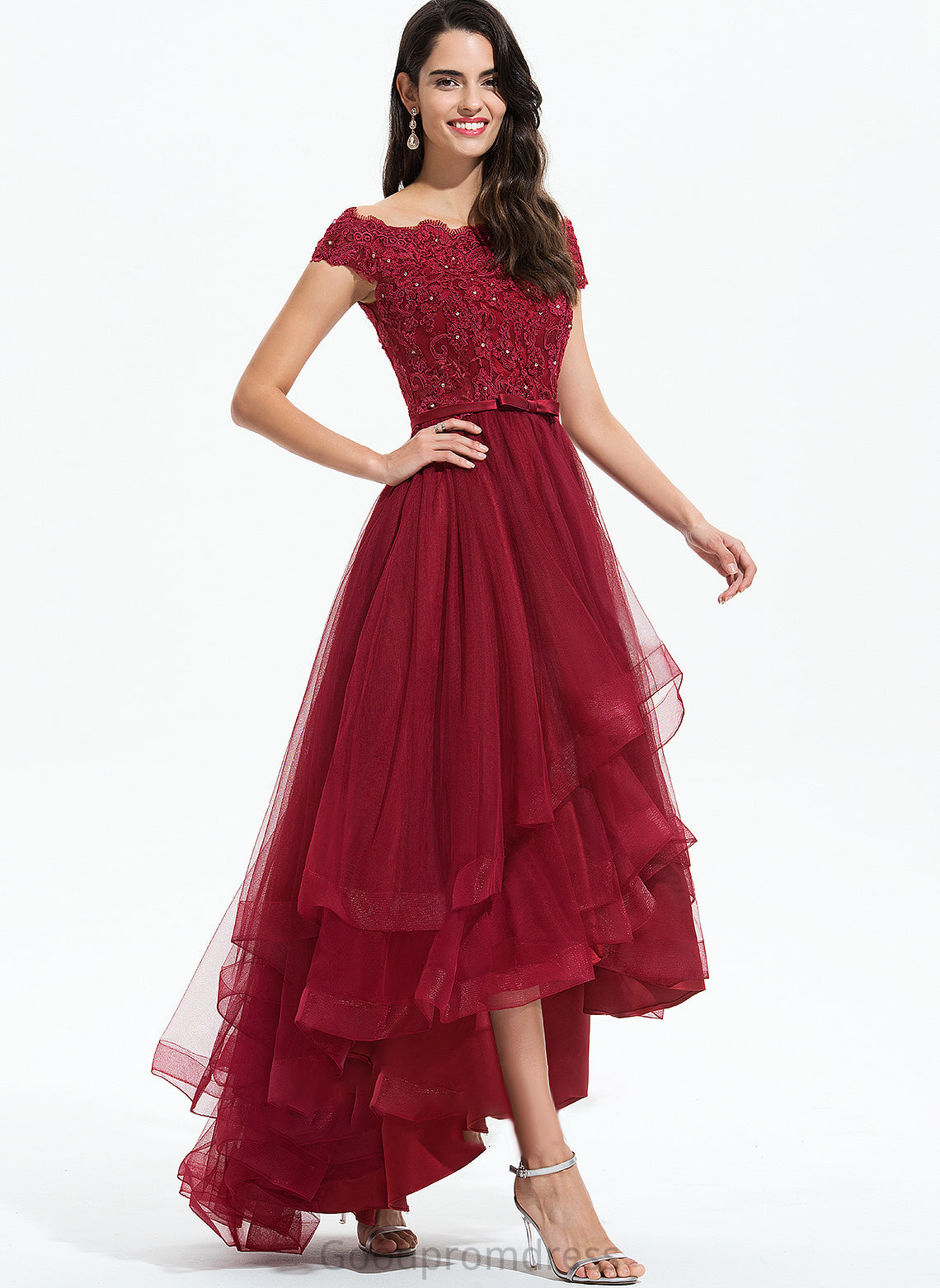 Ball-Gown/Princess Tulle Prom Dresses Beading Bow(s) Off-the-Shoulder Sequins Kimberly With Asymmetrical