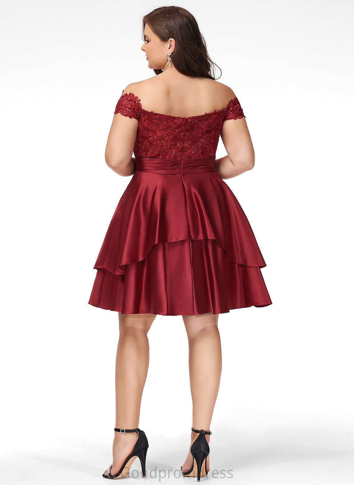 A-Line Lace Knee-Length Cocktail Satin Dress With Daniella Off-the-Shoulder Cocktail Dresses Sequins