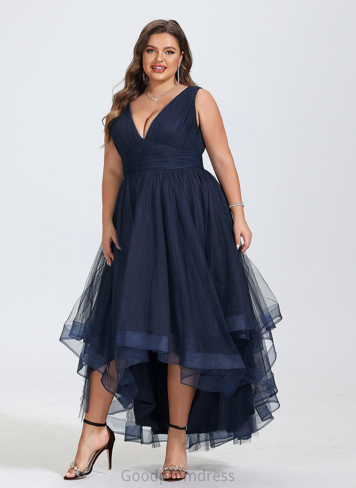 Ruffles Asymmetrical With Gemma A-Line Cocktail Cascading Pleated Tulle Dress Cocktail Dresses V-neck