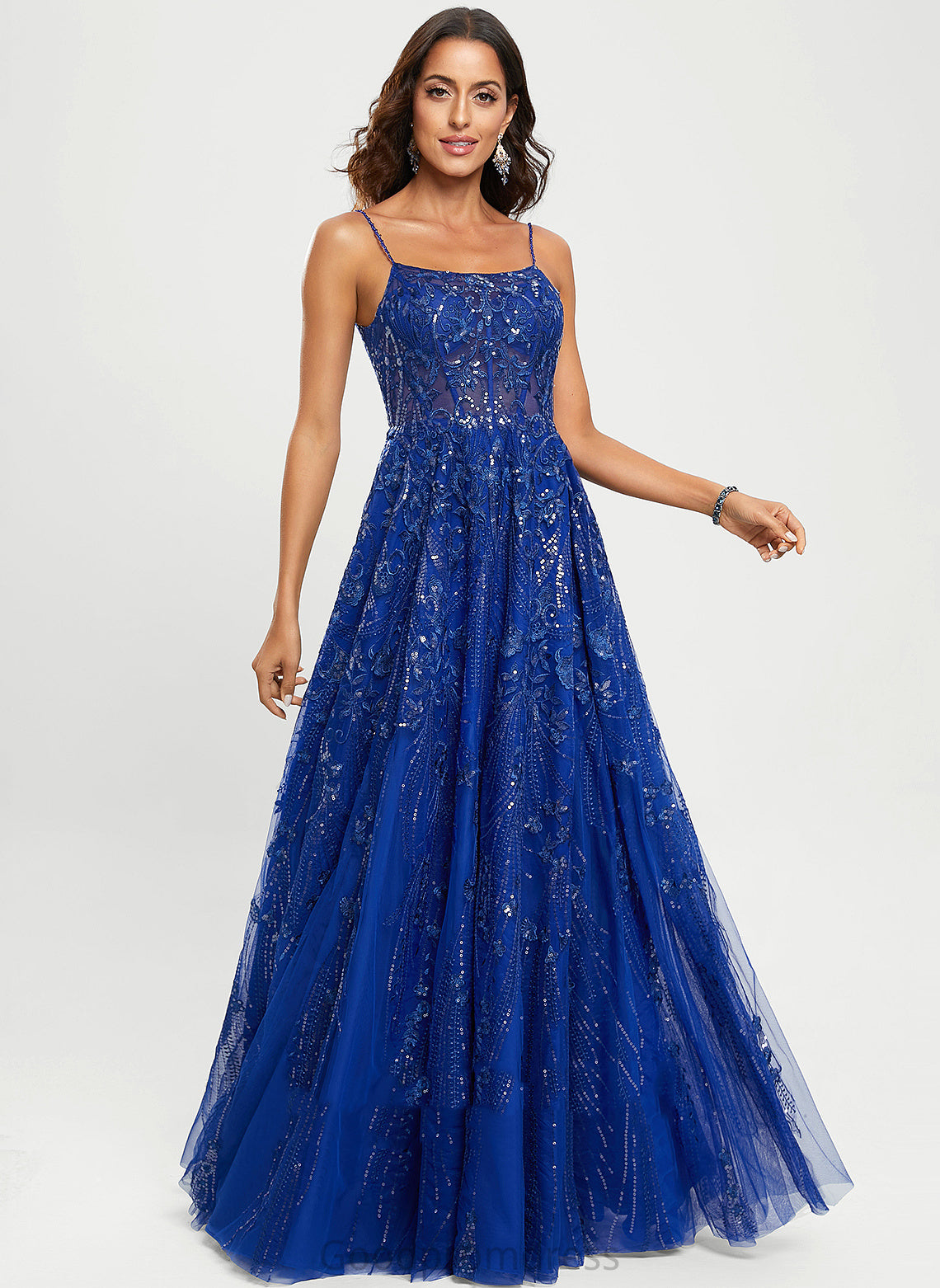 Tulle A-Line Lace Floor-Length With Sequins Jazlyn Scoop Prom Dresses