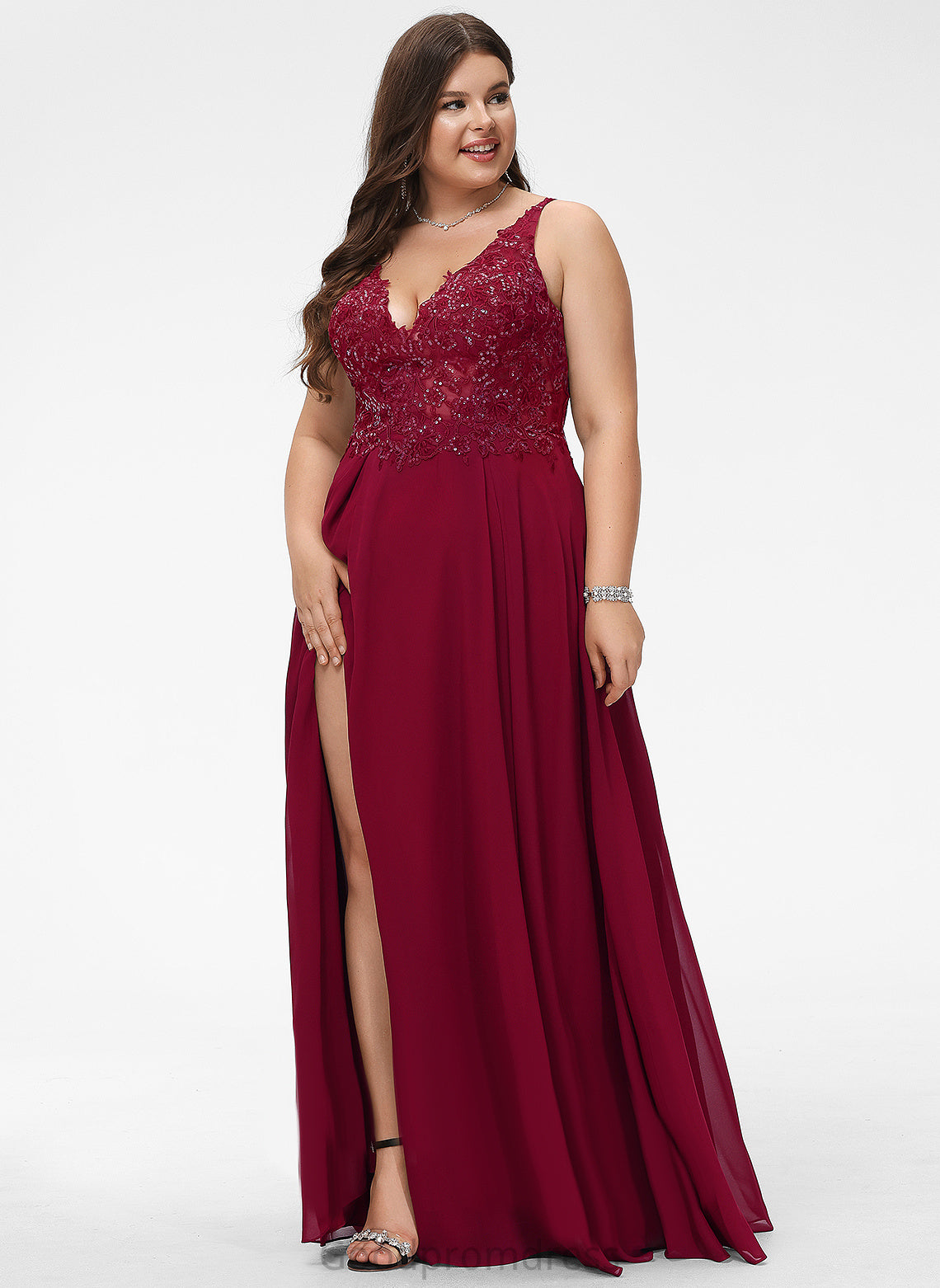 Riley Prom Dresses A-Line V-neck With Sequins Floor-Length Chiffon Lace