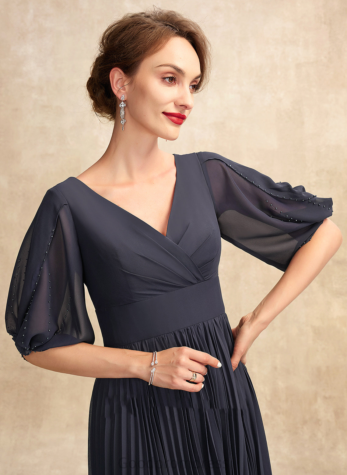 A-Line Chiffon Mother of the Bride Dresses Bride With the Tea-Length Mother Pleated V-neck of Dress Michaela