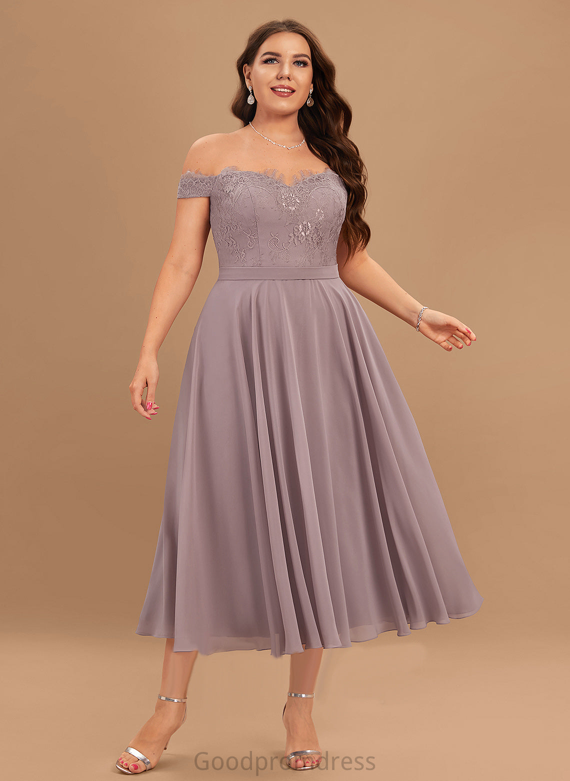 Lace Cocktail Off-the-Shoulder A-Line Chiffon Cocktail Dresses With Tea-Length Finley Dress Beading