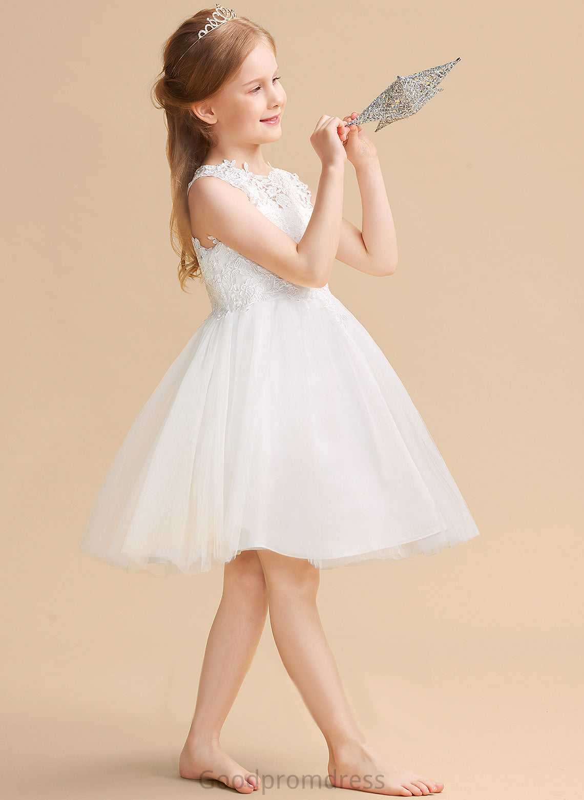 A-Line/Princess Sleeveless Back Knee-length With - Flower Neck Satin/Tulle/Lace Dress Brooklyn Scoop Flower Girl Dresses Girl Hole