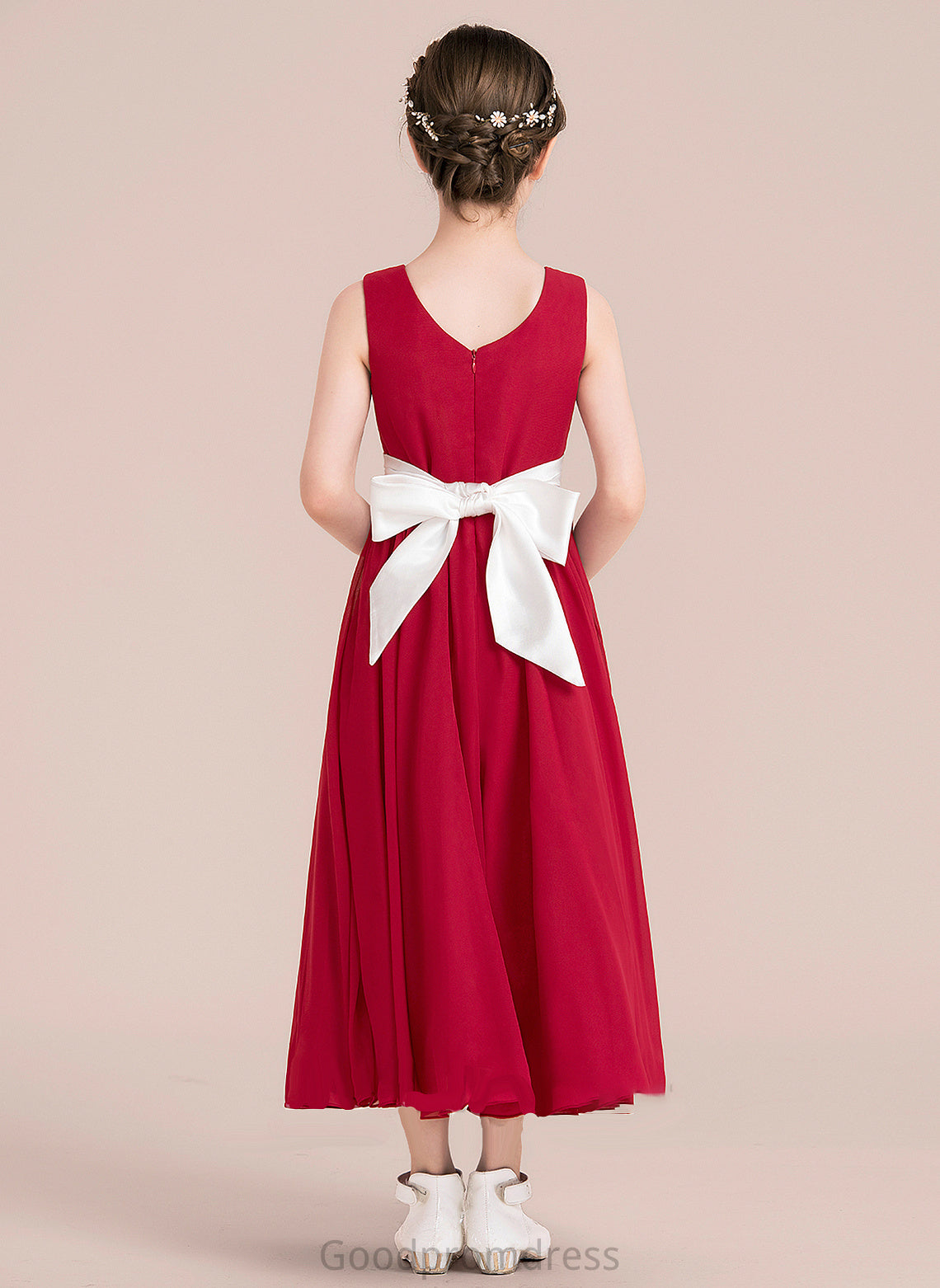 Junior Bridesmaid Dresses Sash Ankle-Length A-Line Scoop With Neck Empire Chiffon Keyla Bow(s)