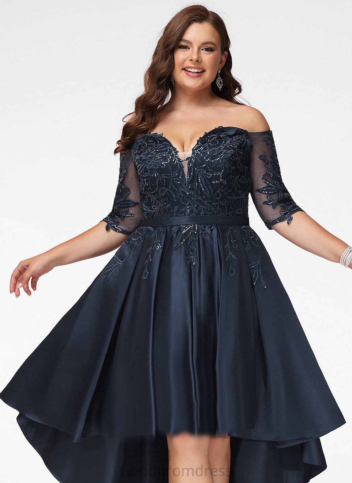 Sequins With Prom Dresses Satin Setlla Lace A-Line Off-the-Shoulder Asymmetrical