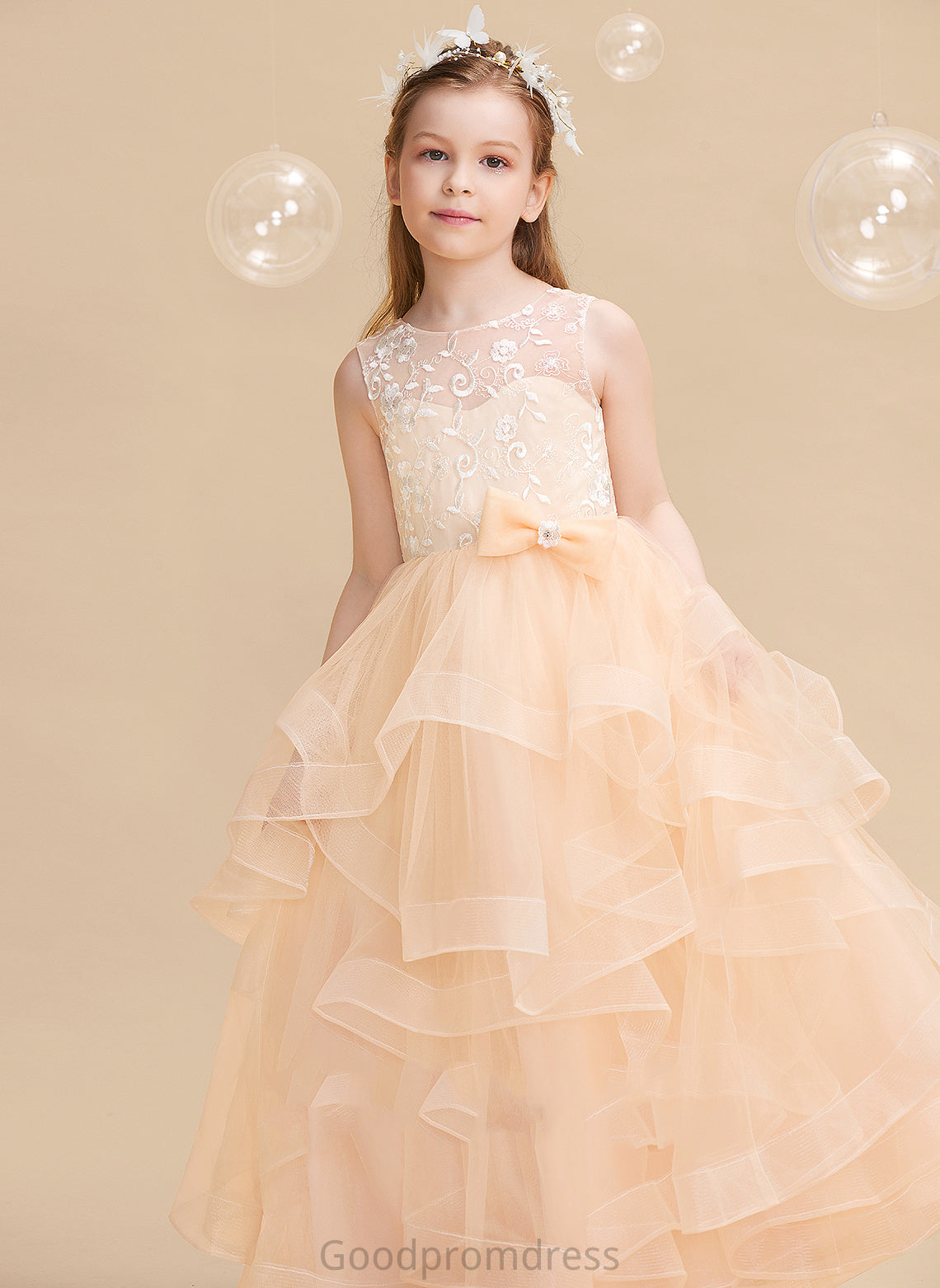 Dress Back Floor-length With Ball-Gown/Princess - Flower Girl Dresses Scalloped Emilee Flower Girl Sleeveless Neck Tulle Lace/Flower(s)/Bow(s)/V