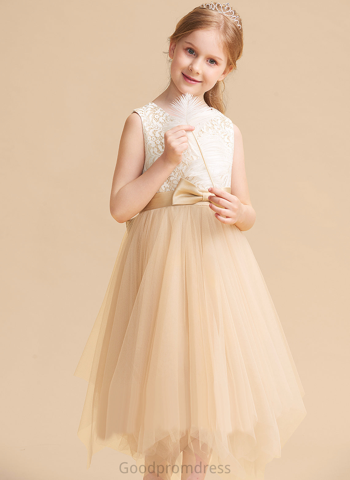 Flower Girl Dresses Neck Sleeveless With Flower Girl Jimena Tea-length Lace/Bow(s) A-Line Scalloped Tulle Dress -