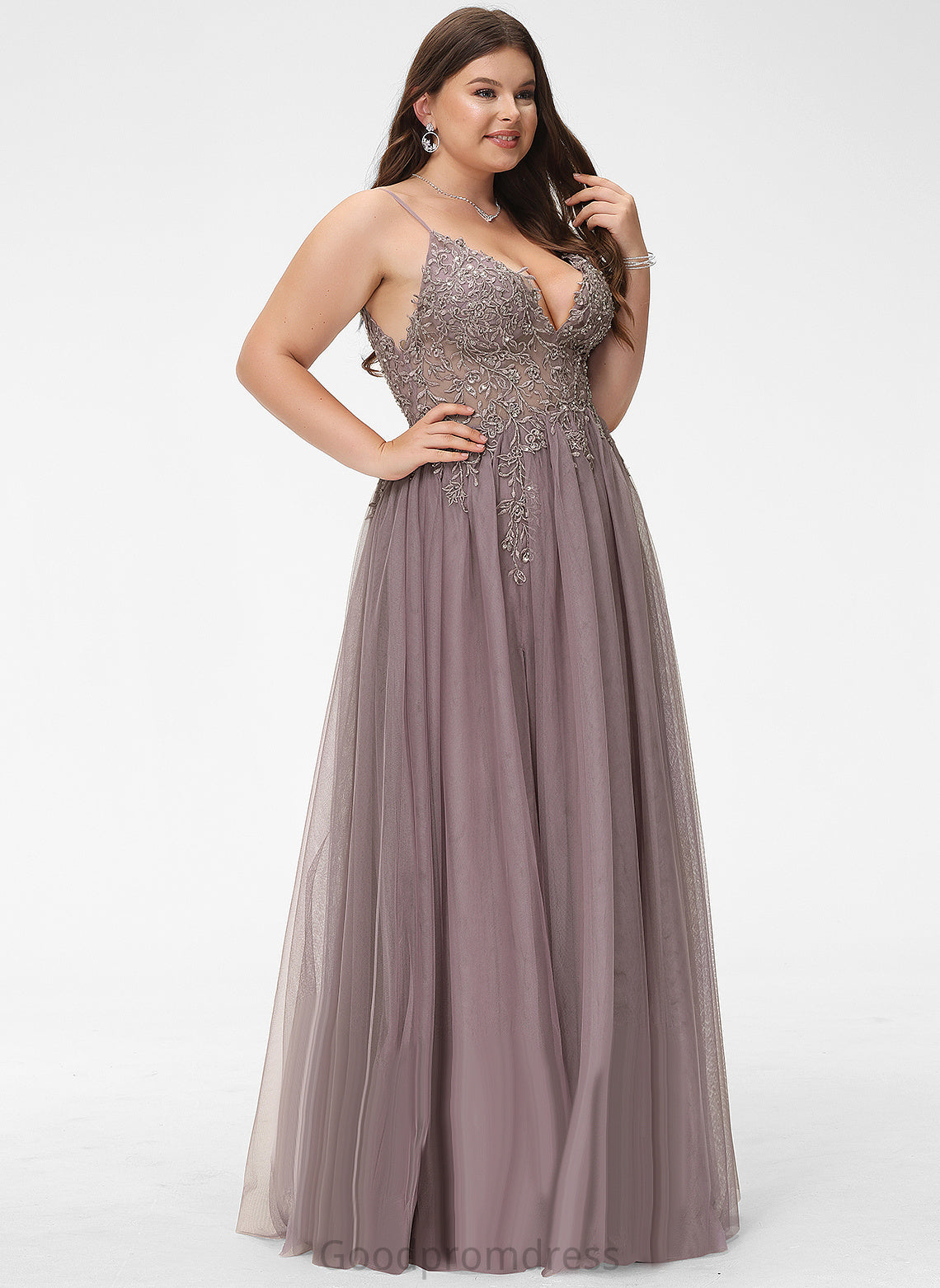 Kay Beading Sequins Lace With V-neck Tulle Floor-Length A-Line Prom Dresses