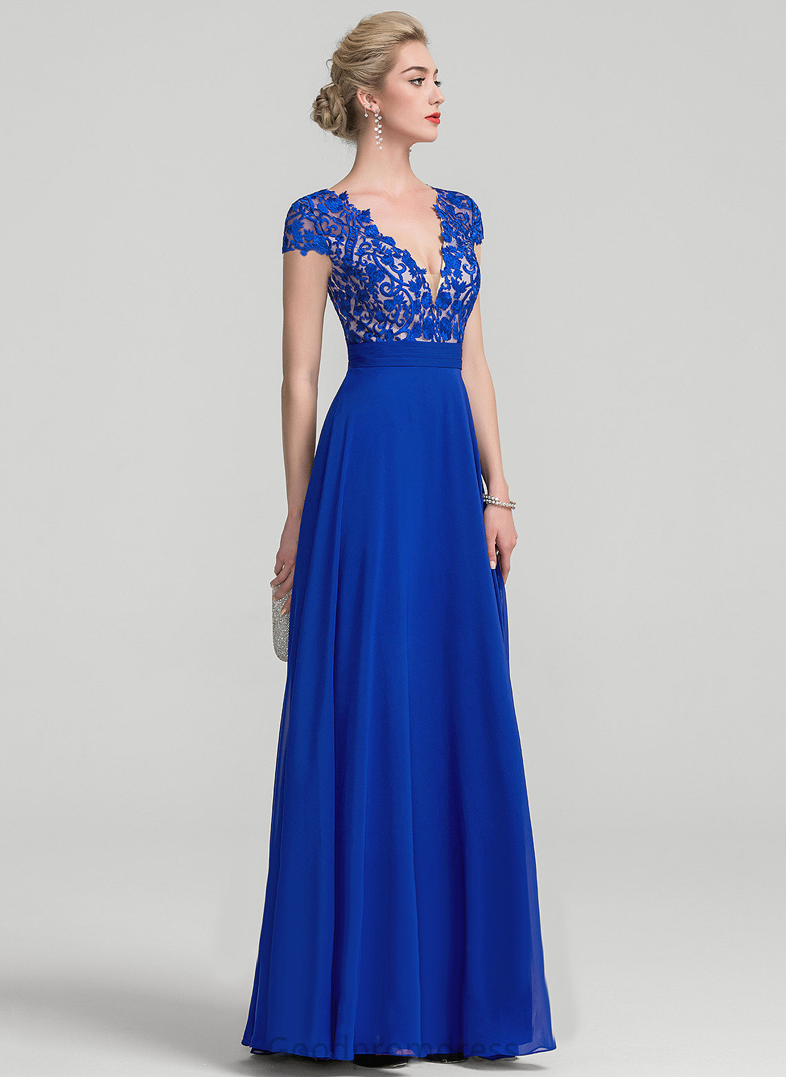 With Chiffon Prom Dresses Lace A-Line Ruffle Floor-Length Hilda V-neck