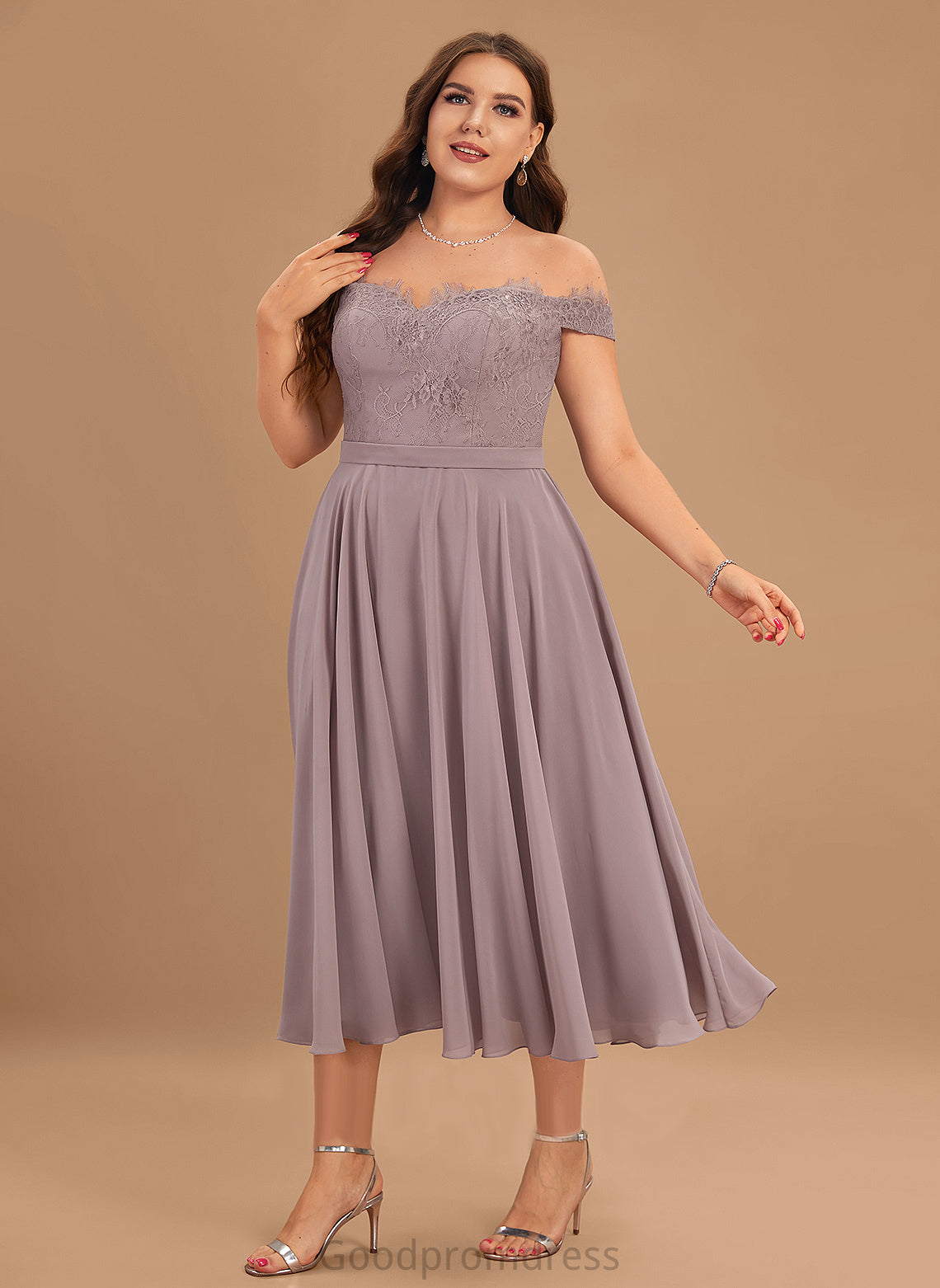 Lace Cocktail Off-the-Shoulder A-Line Chiffon Cocktail Dresses With Tea-Length Finley Dress Beading