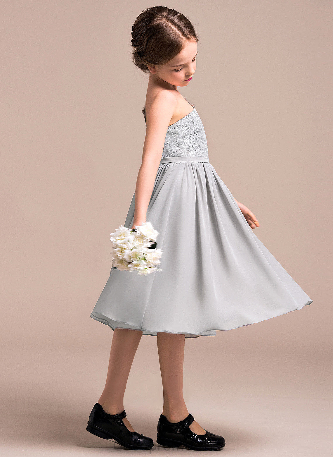 A-Line Chiffon Knee-Length Lace Junior Bridesmaid Dresses Saniyah One-Shoulder