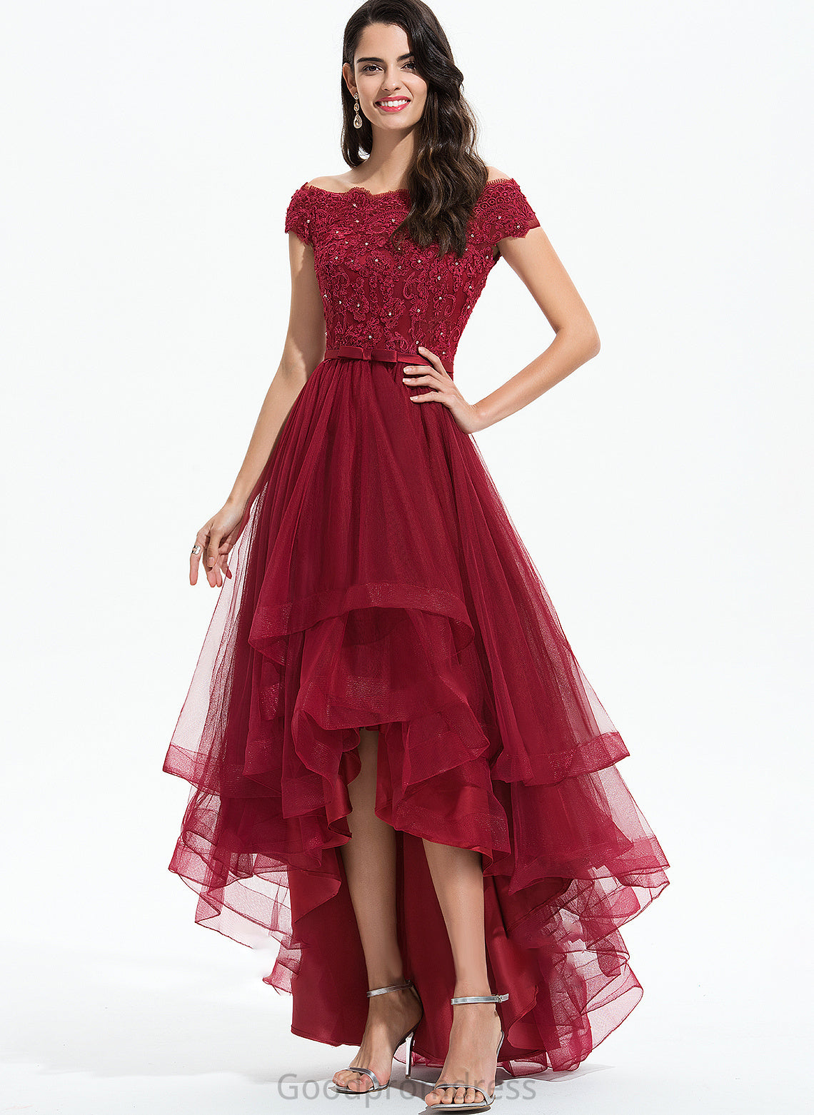 Ball-Gown/Princess Tulle Prom Dresses Beading Bow(s) Off-the-Shoulder Sequins Kimberly With Asymmetrical