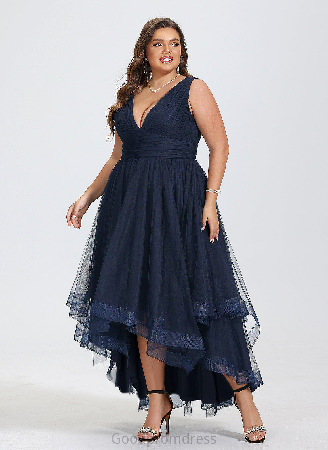 Ruffles Asymmetrical With Gemma A-Line Cocktail Cascading Pleated Tulle Dress Cocktail Dresses V-neck