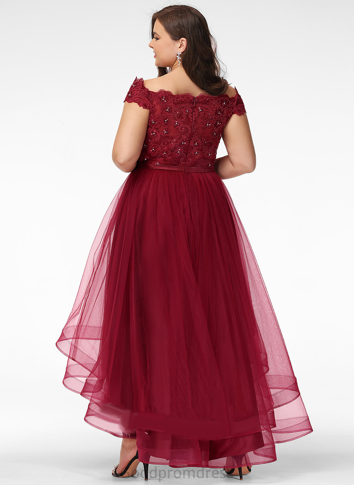 Prom Dresses Sequins Off-the-Shoulder A-Line Asymmetrical Macy Tulle Bow(s) Lace Beading With