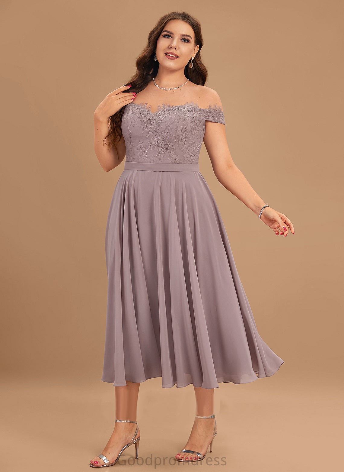 Homecoming Beading Lace With Dress Ellen Homecoming Dresses Tea-Length Chiffon Off-the-Shoulder A-Line