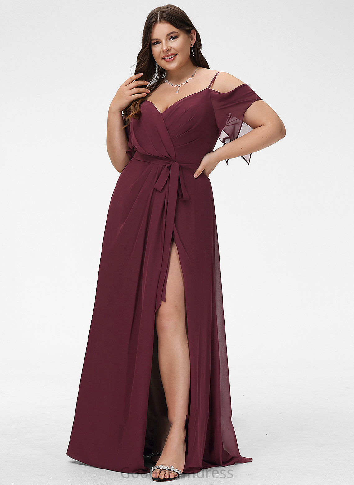 A-Line Front Sophie Prom Dresses V-neck Floor-Length Split With Ruffle