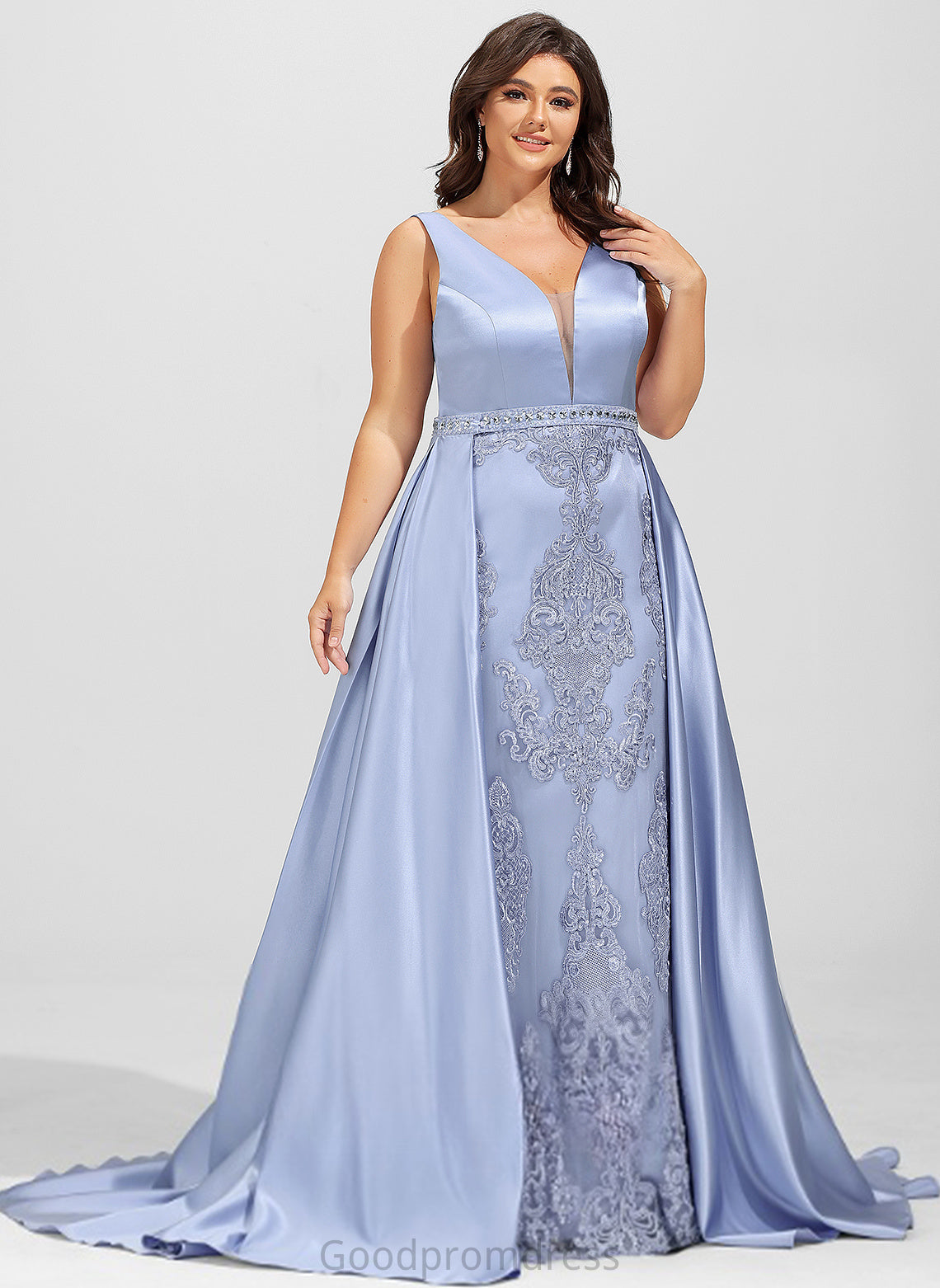 Kenna Lace Beading Satin Prom Dresses Train Sequins With Sweep V-neck Sheath/Column