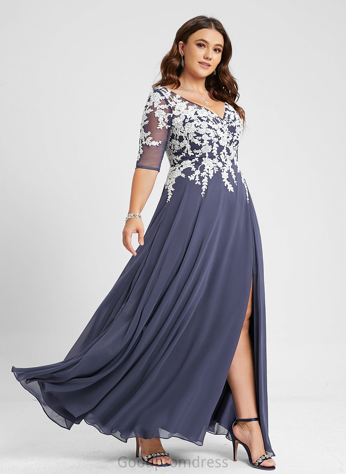 A-Line V-neck Floor-Length Lace Chiffon Arielle Prom Dresses