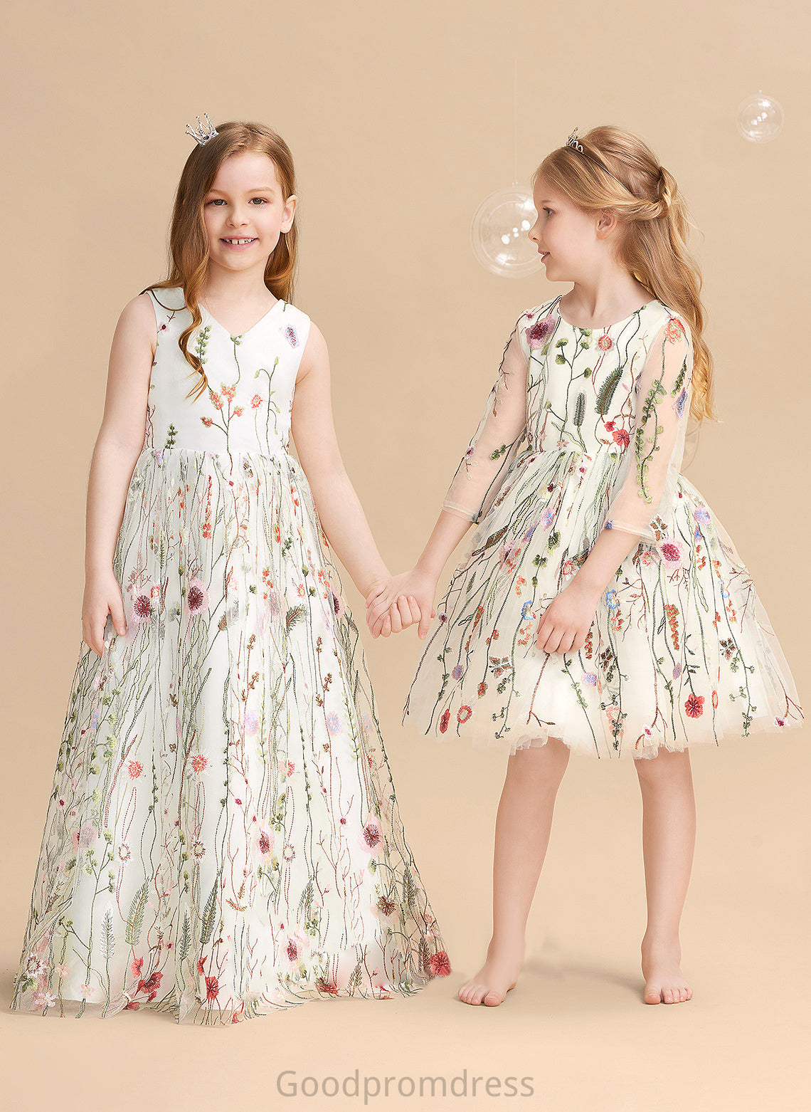 A-Line Dress Flower Girl Dresses With Flower(s)/Bow(s) - Girl Sleeveless Floor-length V-neck Denise Jacquard Flower