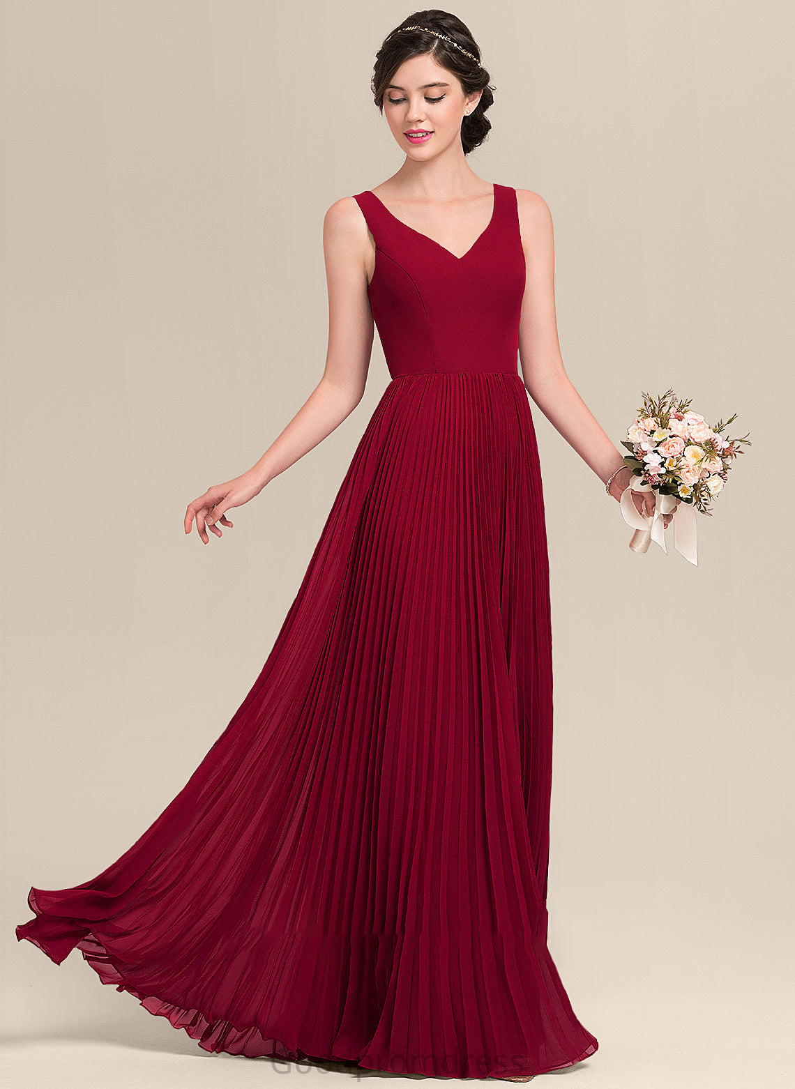 A-Line Silhouette V-neck Fabric Length Pleated Embellishment Floor-Length Neckline SplitFront Allisson A-Line/Princess Bridesmaid Dresses