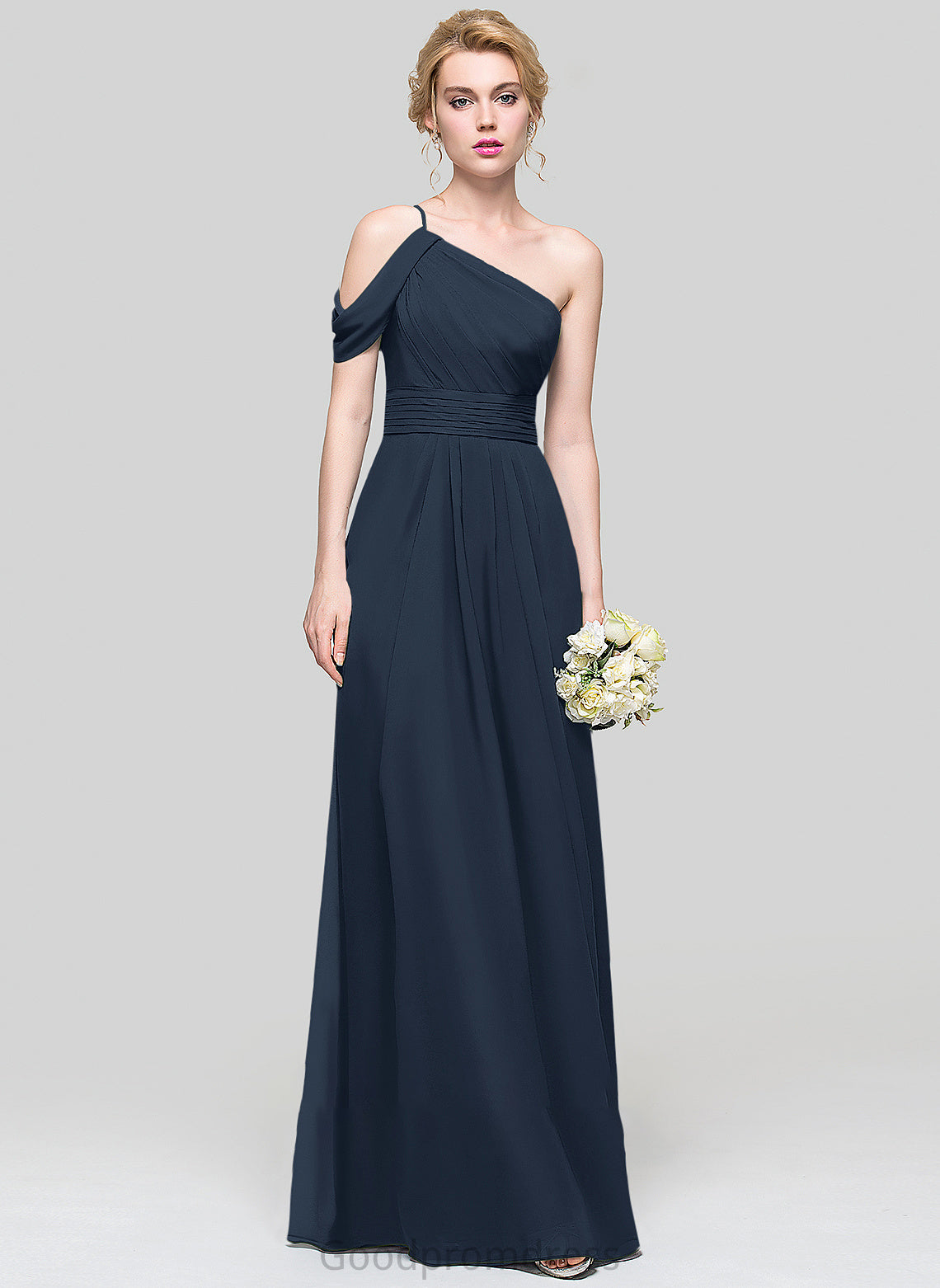 Silhouette Neckline A-Line Fabric Length Floor-Length Embellishment One-Shoulder Ruffle Hayley Natural Waist A-Line/Princess Bridesmaid Dresses