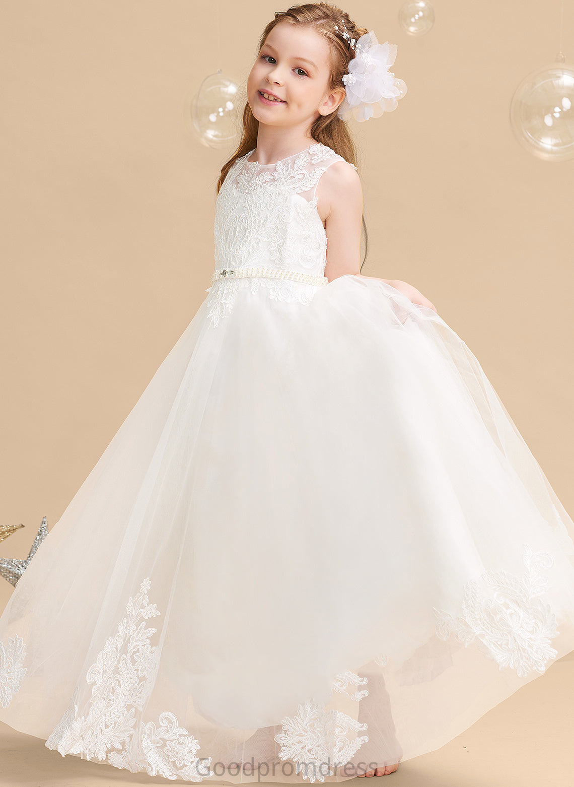 Ball-Gown/Princess Girl Scoop Angelina Neck Beading Dress - Floor-length Flower Girl Dresses Flower Sleeveless With Tulle/Lace