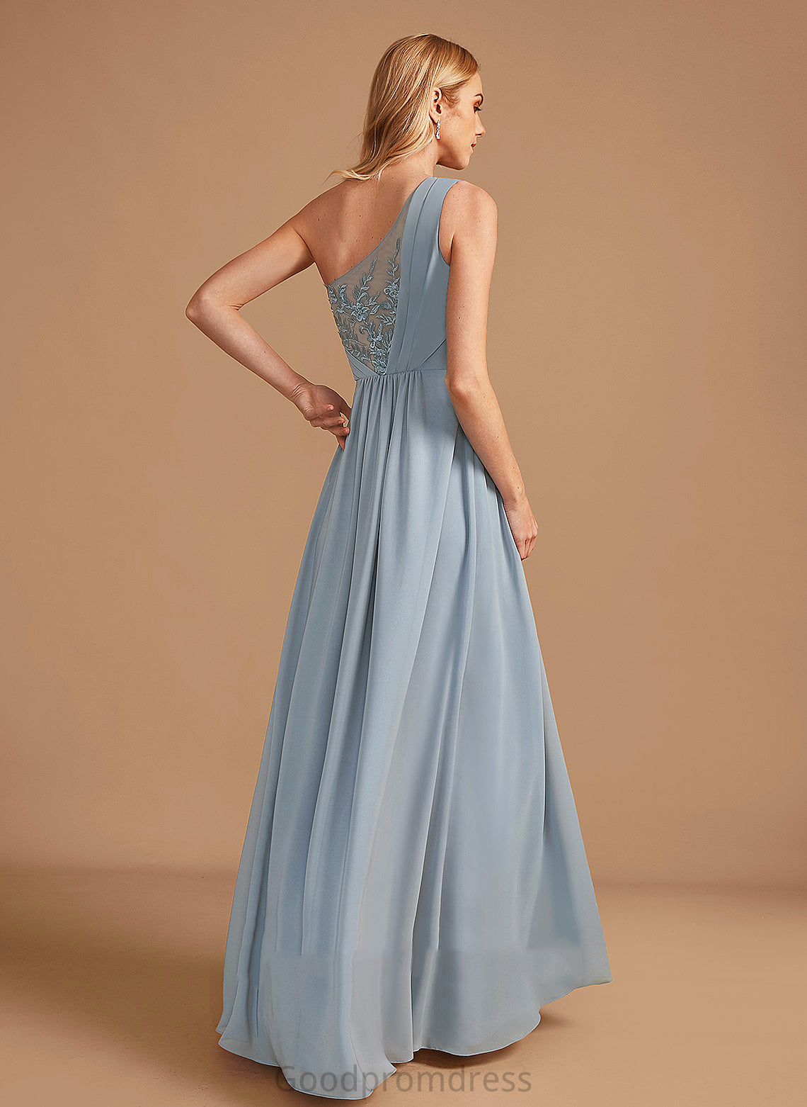 Sequins Silhouette One-Shoulder Neckline Embellishment Length A-Line Floor-Length Lace Fabric Molly Cap Sleeves Bridesmaid Dresses