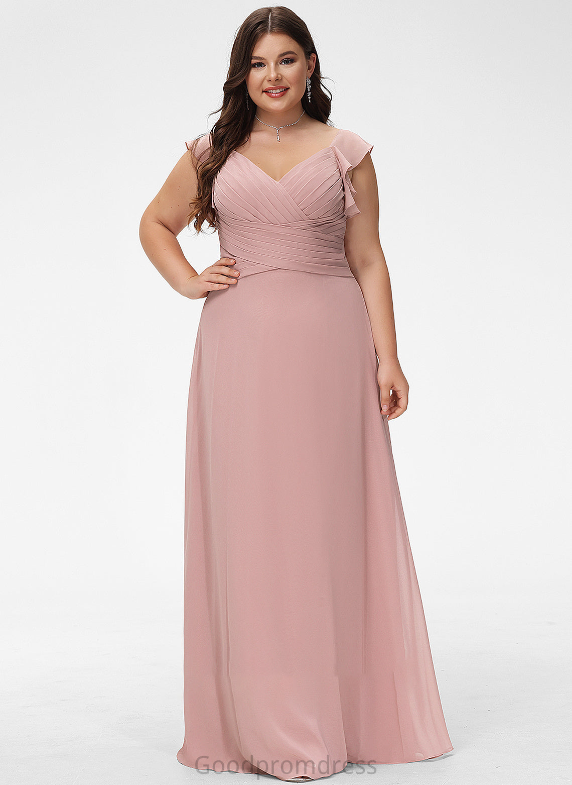 Empire Floor-Length Chiffon Ciara Prom Dresses Cascading Ruffles V-neck With