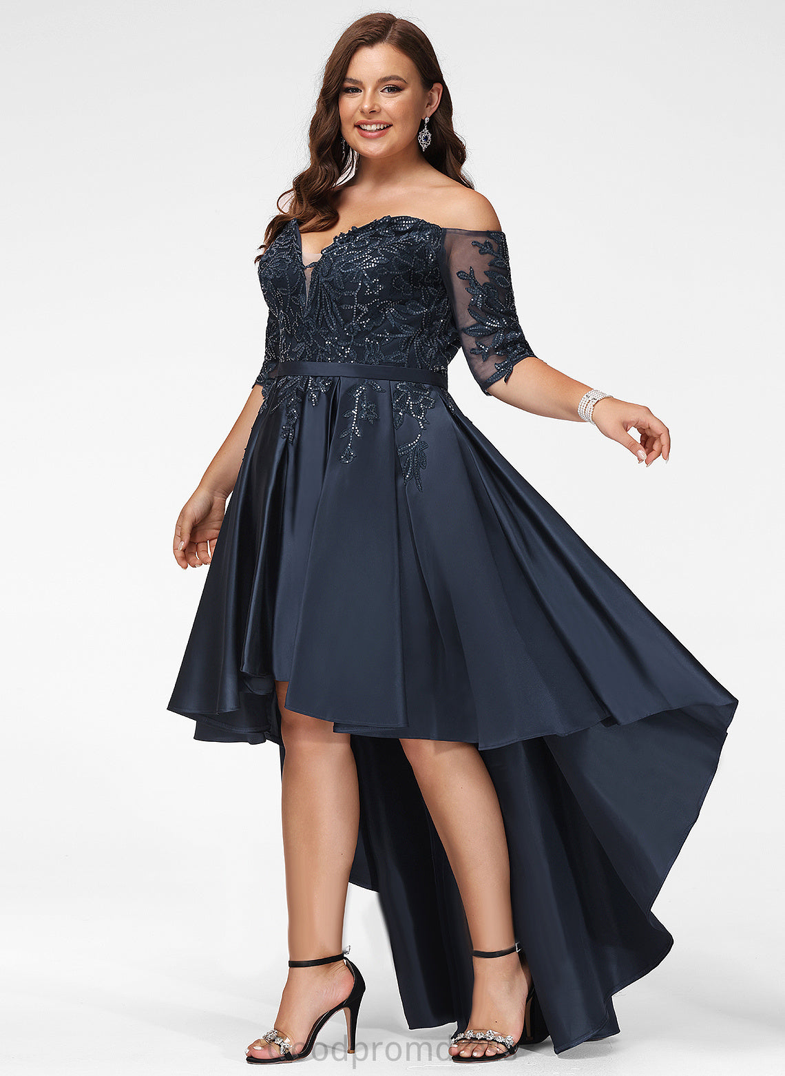 Sequins With Prom Dresses Satin Setlla Lace A-Line Off-the-Shoulder Asymmetrical