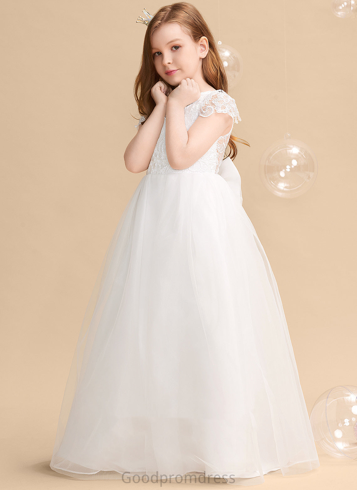 Flower Girl Dresses Scoop Ball-Gown/Princess Tulle/Lace Short Lindsey Bow(s) Sleeves Flower Girl With Neck - Dress Floor-length